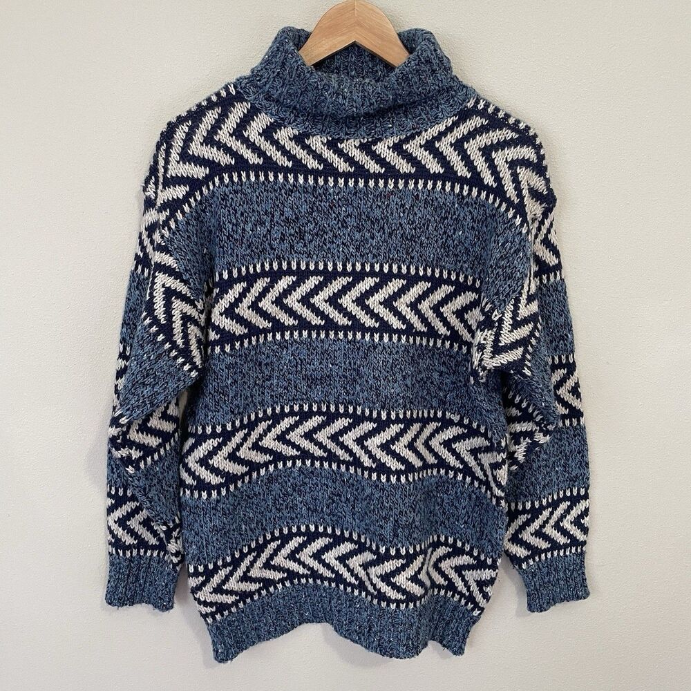 Vtg 90s Nordic Oversized Wool Sweater Womens M Ski Turtleneck Chunky Knit